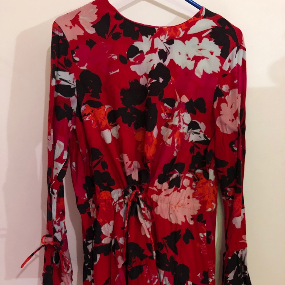Red Floral Print Long Sleeve Midi Dress